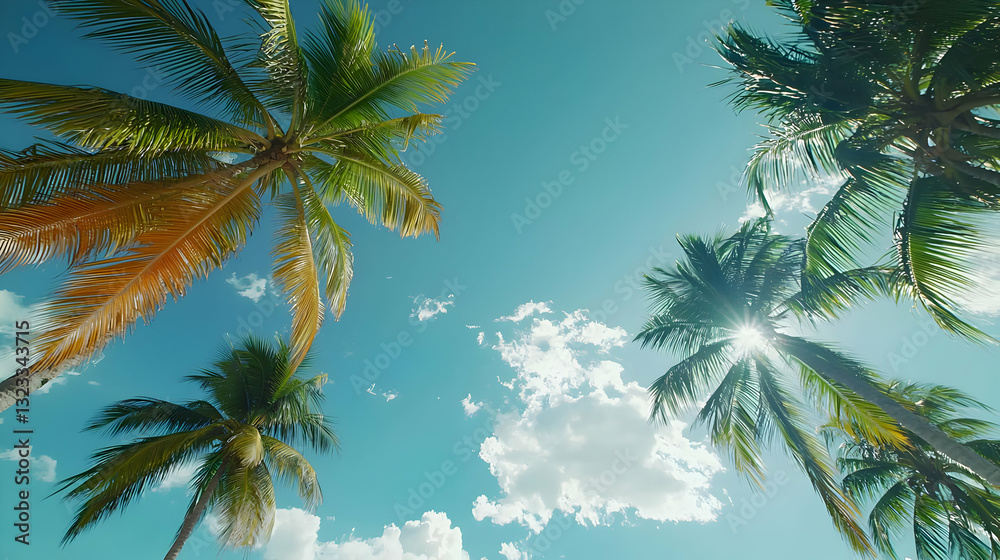 Low Angle Shot Of Palm Trees Reaching Towards A Bright Blue Sky With Fluffy White Clouds And Sunny Rays Shining Through The Leaves Low Angle Shot Of Palm Trees Reaching Towards A Bright Blue Sky With Fluffy White Clouds And Sunny Rays Shining Through The Leaves