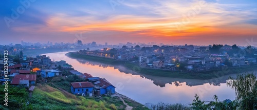 Vibrant sunset over a river winding through a cityscape, with colorful buildings lining the banks, creating a serene atmosphere.