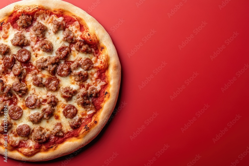 A Delicious Pizza Featuring Meat and Cheese on a Red Background