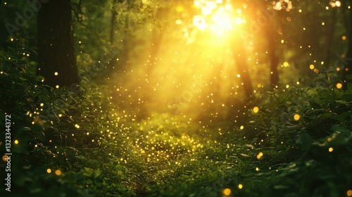 Enchanting sunlit forest path surrounded by magical fireflies