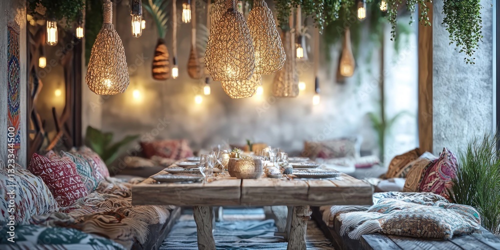 Bohemian dining area with hanging lights and textured cushions.