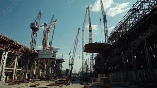 A massive shipyard factory with towering cranes, steel structures, and ship construction in progress