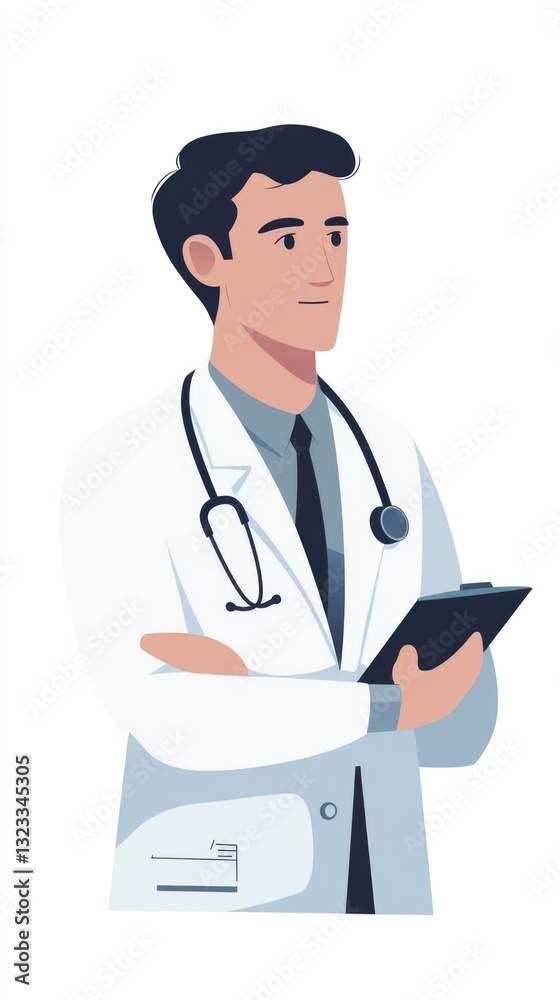 A man wearing a lab coat holds a clipboard, ready for notes or data collection A man wearing a lab coat holds a clipboard, ready for notes or data collection