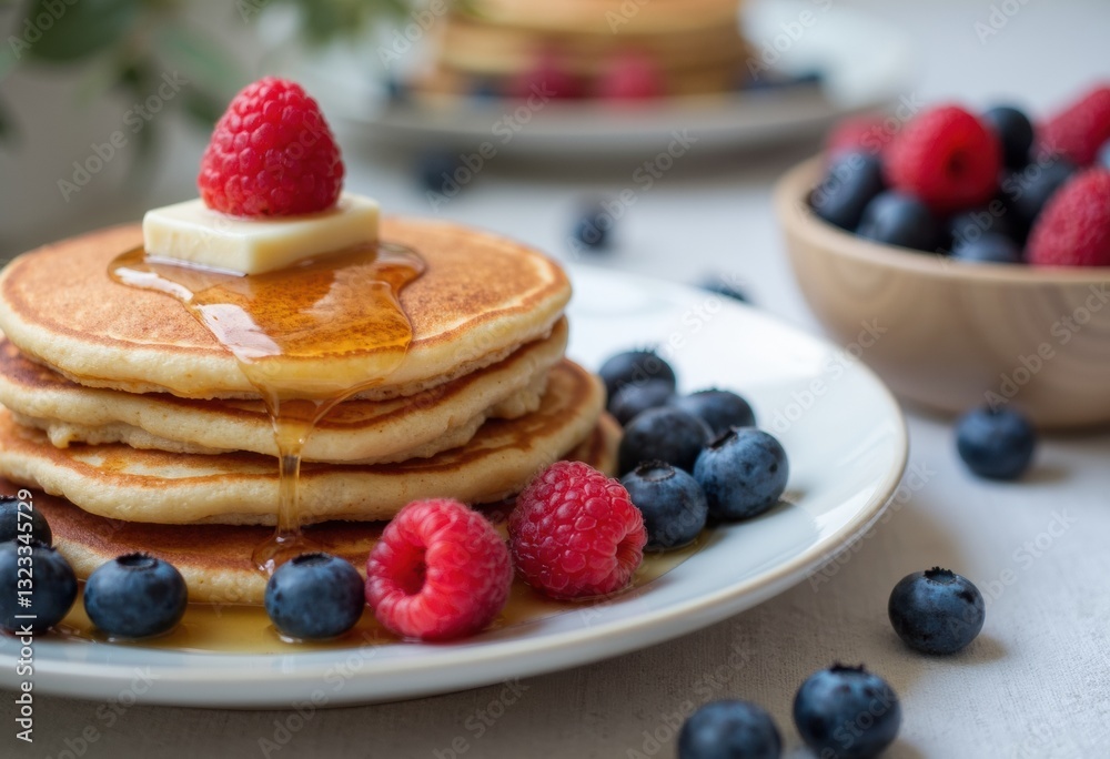 Delicious pancakes topped with fresh raspberries, blueberries, and syrup Delicious pancakes topped with fresh raspberries, blueberries, and syrup