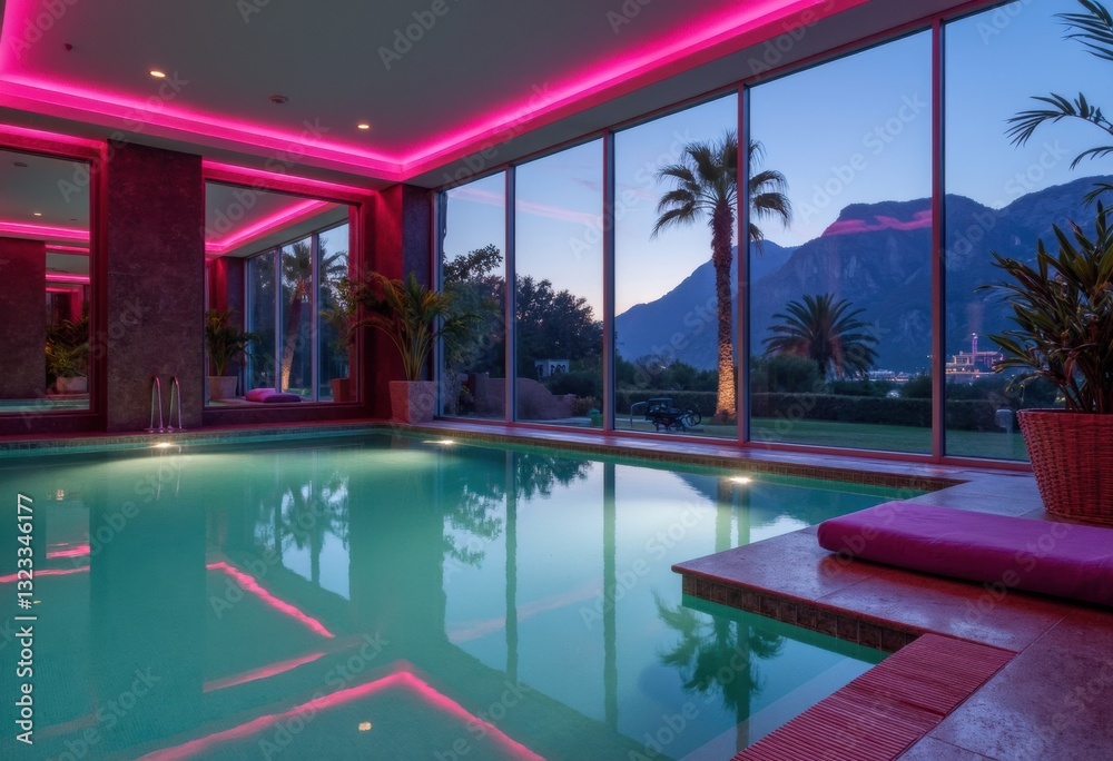 Fototapeta premium Luxurious indoor swimming pool with vibrant pink lighting and mountain view