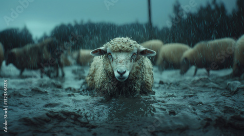 Wet sheep looks very unhappy in a muddy field during heavy rain with other sheep nearby