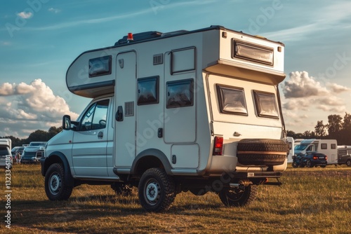 A picture of a white truck with a camper on its roof, suitable for outdoor and adventure-related themes
