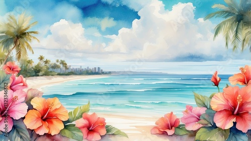 Fototapeta Naklejka Na Ścianę i Meble -  tropical flowers on the beach with the ocean and sky in the background
