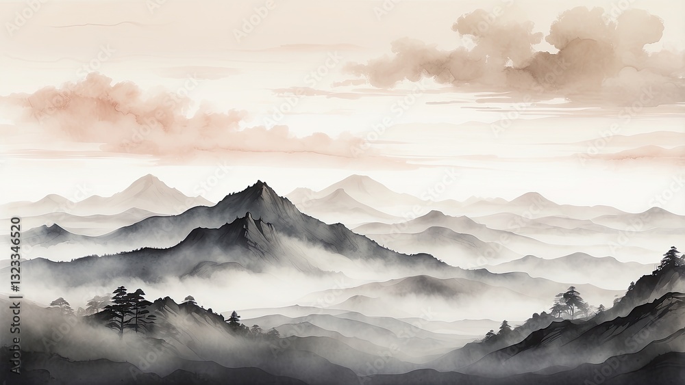 Watercolor-style painting of mountain ranges with mist covering the lower portions Watercolor-style painting of mountain ranges with mist covering the lower portions