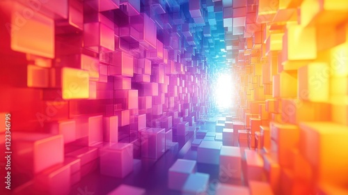 Fototapeta Naklejka Na Ścianę i Meble -  Colorful abstract geometric cubes with bright light at the end of the tunnel