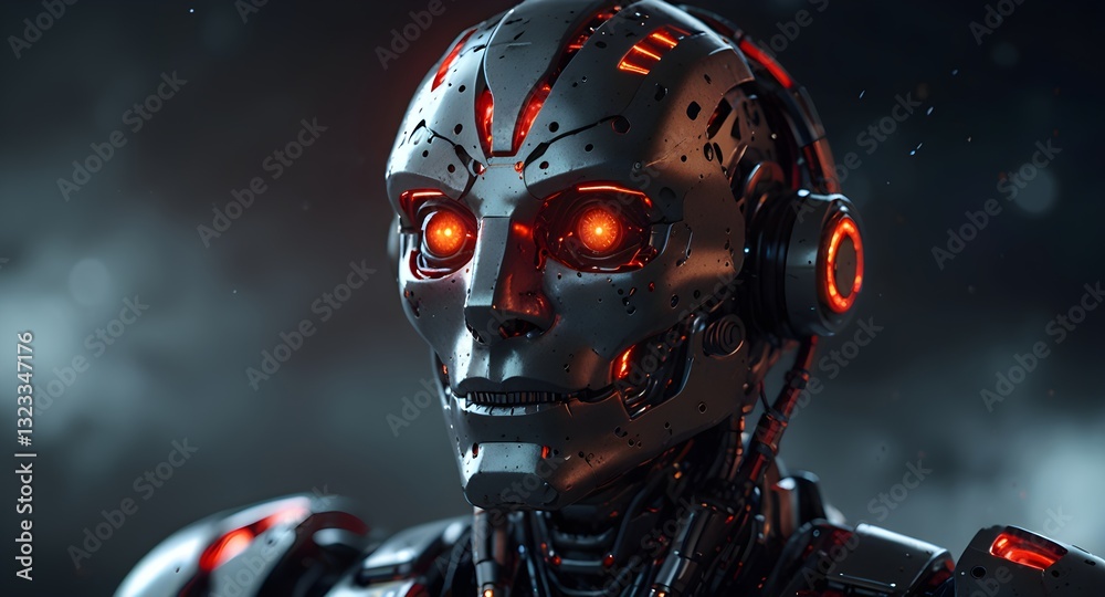 A humanoid robot with glowing red eyes harnesses cosmic energy amidst a starry void, radiating an aura of strength. A humanoid robot with glowing red eyes harnesses cosmic energy amidst a starry void, radiating an aura of strength.