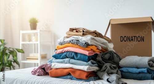 Pile of clothes for donation on bed near box