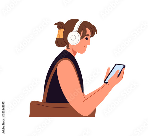 Young woman holds phone in hands, communicates online on the go. Girl listens to music with headphones, scrolls social networks in smartphone while walk. Flat isolated vector illustration on white