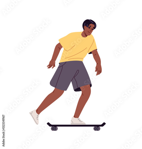 Happy African American boy rides on skateboard outdoors in summer. Black teen skates on board. Young skater has fun with longboard on street. Flat isolated vector illustration on white background