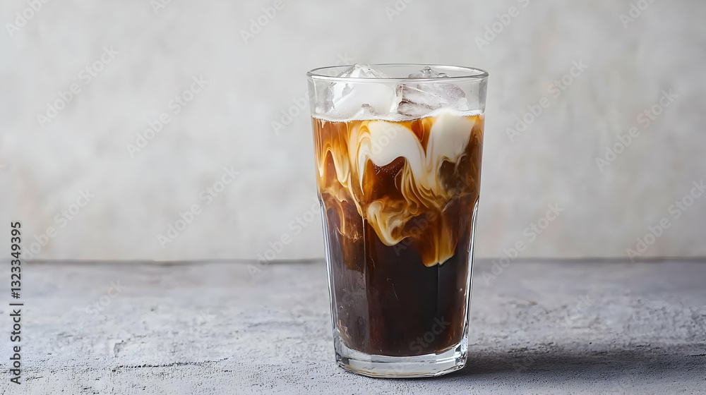 Tall Glass Of Iced Coffee With Cream And Ice Cubes Against Light Textured Background Tall Glass Of Iced Coffee With Cream And Ice Cubes Against Light Textured Background