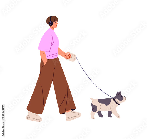 Young woman listens to music with headphones and leads her French bulldog on leash. Owner walks little dog. Girl with headset strolls puppy. Flat isolated vector illustration on white background