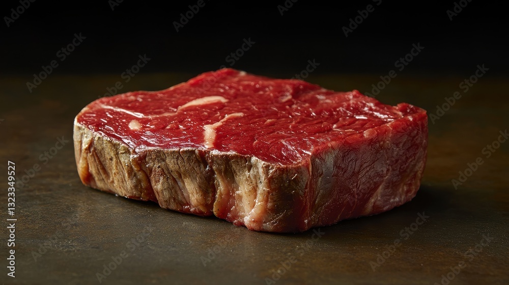 Raw beef steak on dark surface: fresh red meat, marbling, juicy texture Raw beef steak on dark surface: fresh red meat, marbling, juicy texture