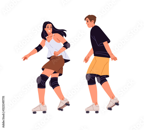 Cute couple in protective equipment rollerblading together. Happy friends in safety gear rollerskate on rink. People have fun, ride, roller skate. Flat isolated vector illustration on white background
