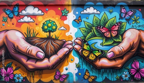 Colorful Mural of Hands Nurturing Nature with Butterflies and Plants