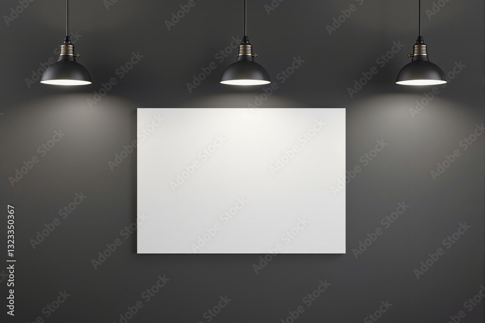 Blank white canvas on a dark wall under three illuminated pendant lamps, creating a modern and minimalistic scene for mockup or presentation. Ai generative Blank white canvas on a dark wall under three illuminated pendant lamps, creating a modern and minimalistic scene for mockup or presentation. Ai generative