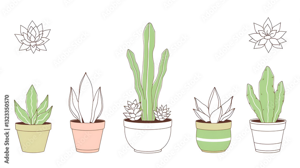Set of succulent plants, cactuses and pots..Linear botanical vector elements Set of succulent plants, cactuses and pots..Linear botanical vector elements