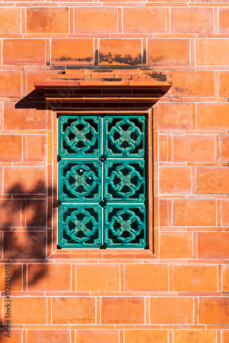 Tranditional Chinese Intricate Green Glazed Tile Window on Red B