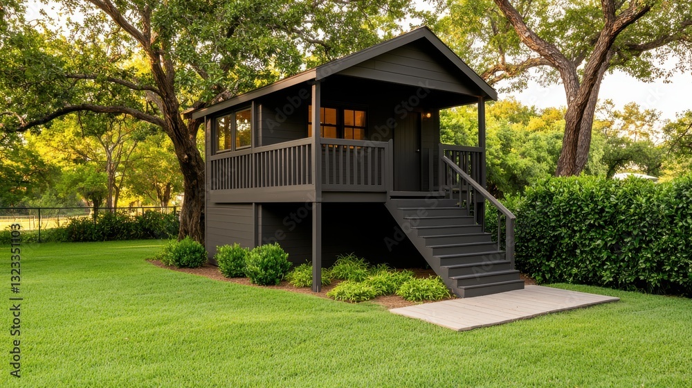 Fototapeta premium A modern black house surrounded by lush green trees and manicured lawn, showcasing beauty in architecture and nature's harmony.