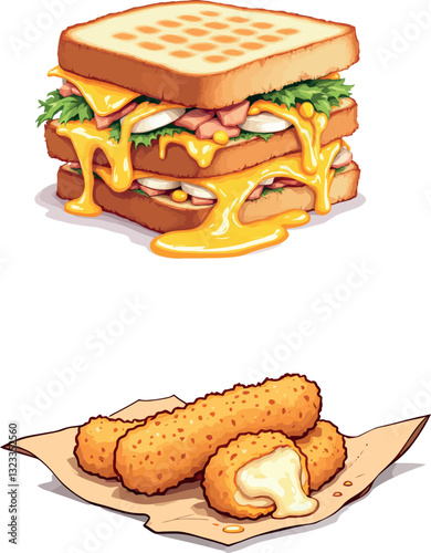 Vsai delicious toast and fried mozzarella sticks dripping cheese