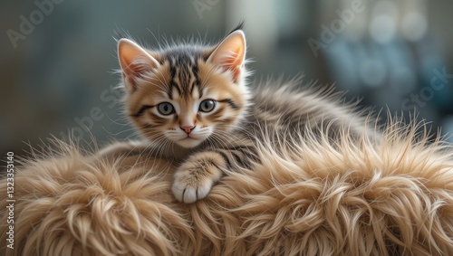A cute tabby kitten lounging comfortably on a fluffy surface, showcasing its playful and curious nature.