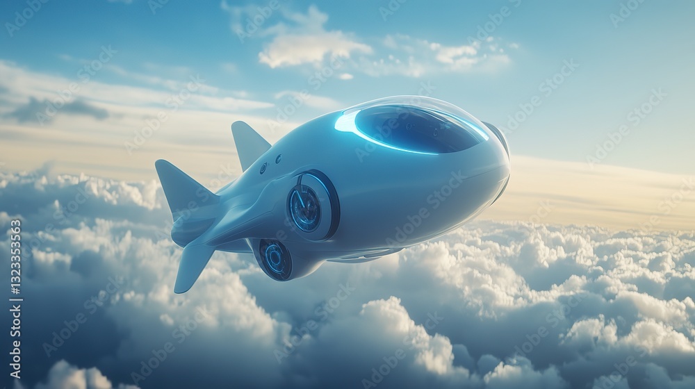 Fototapeta premium futuristic flying car fly over cloudscape in sky