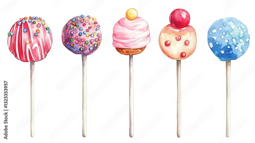 candy and sweets watercolor collection isoleate background Collection set watercolor. Colorful cake pops with various designs and toppings. candy and sweets watercolor collection isoleate background Collection set watercolor. Colorful cake pops with various designs and toppings.