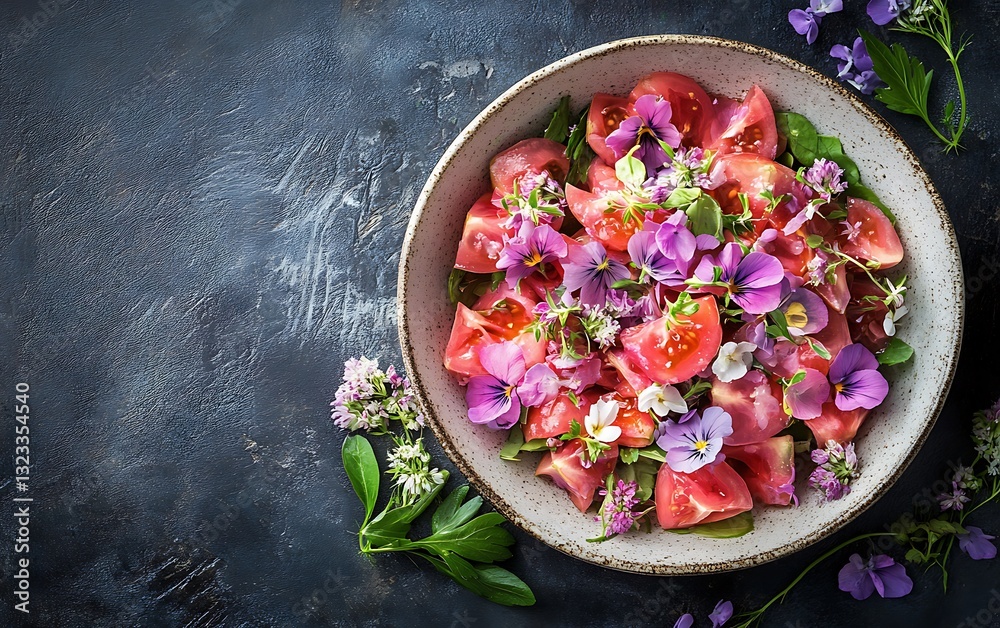 Colorful tomato salad with edible flowers, dark background