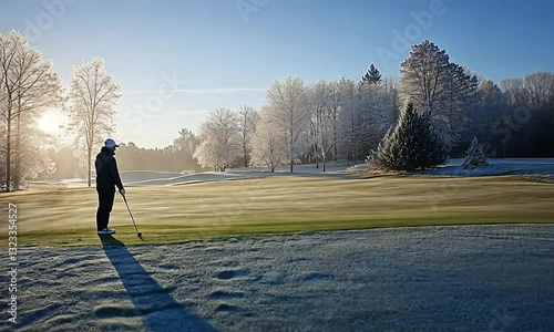 Golfer preparing to putt on a frosty morning green surrounded by trees and sunlight