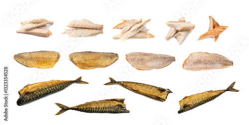 Canvastavla Cold Hot Smoke Mackerel Isolated on White Background Close Up