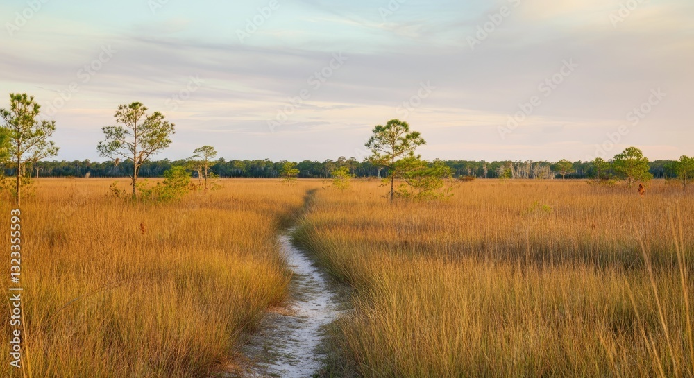 Scenic trail cutting through lush prairie grass field under partially cloudy sky Scenic trail cutting through lush prairie grass field under partially cloudy sky
