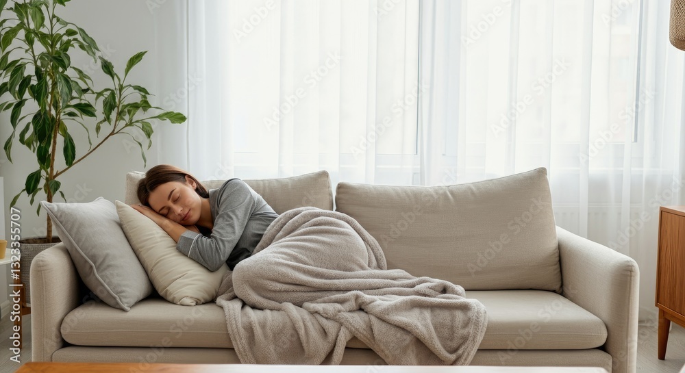 Young woman sleeping on sofa covered with blanket in bright living room Young woman sleeping on sofa covered with blanket in bright living room