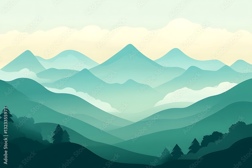Naklejka premium Vector mountains panorama landscape, layered hills, clouds background, potentially for web design elements