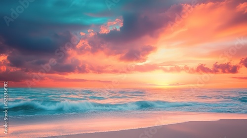 beautiful seascape with gradient sky twilight time pink blue hue, gentle wave clashing on beach with sunset sky, pastel sky