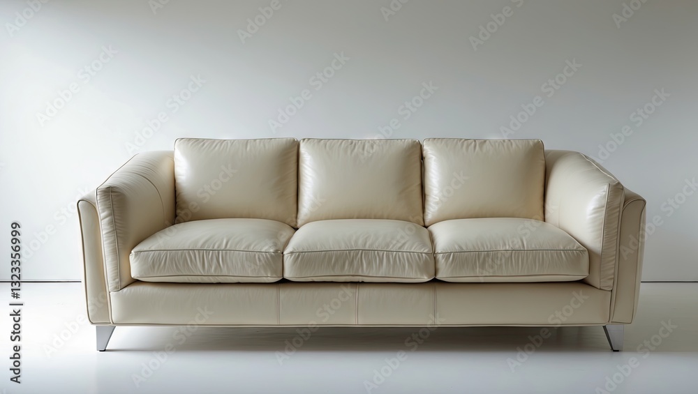 Fototapeta premium Contemporary cream leather sofa with three plush cushions centered against a soft white background showcasing modern interior design aesthetics