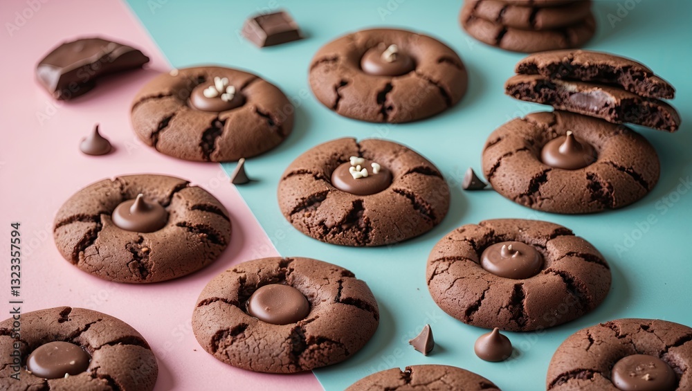 Chocolate cookies arranged on a pink and teal background, featuring dark and milk chocolate toppings, with scattered chocolate chips. Chocolate cookies arranged on a pink and teal background, featuring dark and milk chocolate toppings, with scattered chocolate chips.