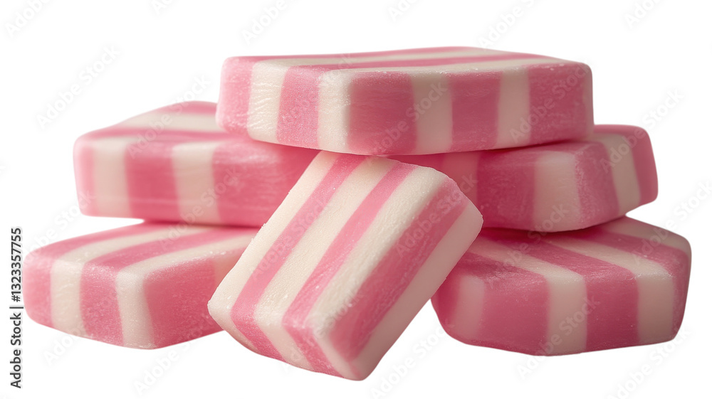 Delightful pink and white striped sweets stacked artfully at a confectionery setting Delightful pink and white striped sweets stacked artfully at a confectionery setting