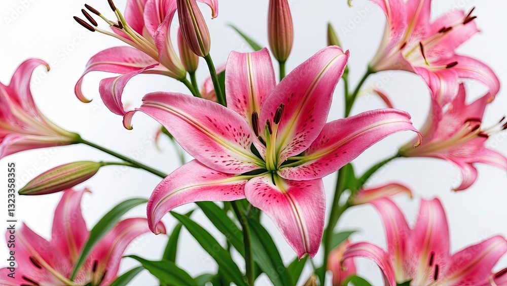 Vibrant pink lilies in full bloom with intricate petal details against a bright white background, showcasing lush green leaves and elegant composition. Vibrant pink lilies in full bloom with intricate petal details against a bright white background, showcasing lush green leaves and elegant composition.