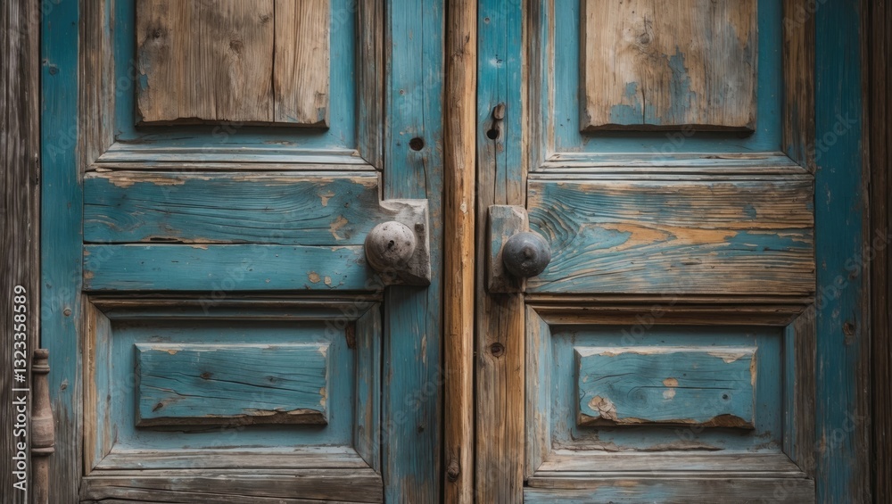 Close-up of a weathered teal wooden door with rustic brown accents and vintage bronze handles symmetrically positioned on each door panel. Close-up of a weathered teal wooden door with rustic brown accents and vintage bronze handles symmetrically positioned on each door panel.