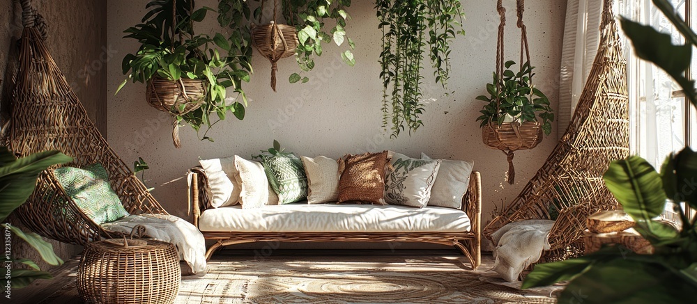Bohemian-inspired lounge with hanging plants and rattan accents.