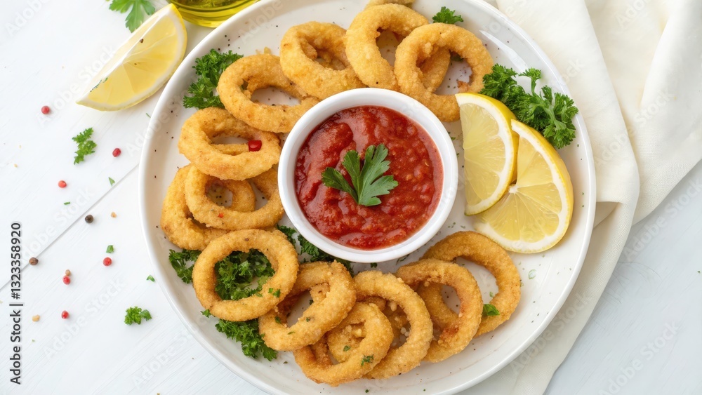 Crispy Calamari with Marinara Sauce
A plate of golden, crispy calamari rings is served with a side of vibrant marinara sauce. The dish is garnished with a sprinkle of parsley and a lemon wedge. Crispy Calamari with Marinara Sauce
A plate of golden, crispy calamari rings is served with a side of vibrant marinara sauce. The dish is garnished with a sprinkle of parsley and a lemon wedge.
