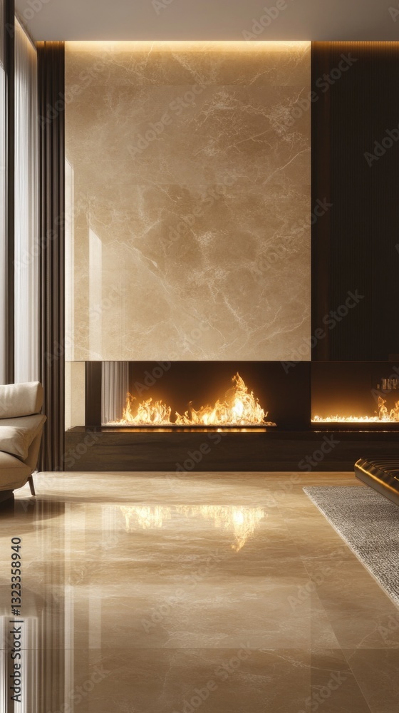 Fototapeta premium Cozy living room with a fireplace and a comfortable couch