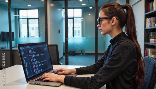 Obraz na płótnie Woman in glasses writing software code. Portrait of a developer working in an office. IT specialist writing code at desk. Businesswoman working on coding project w salonie
