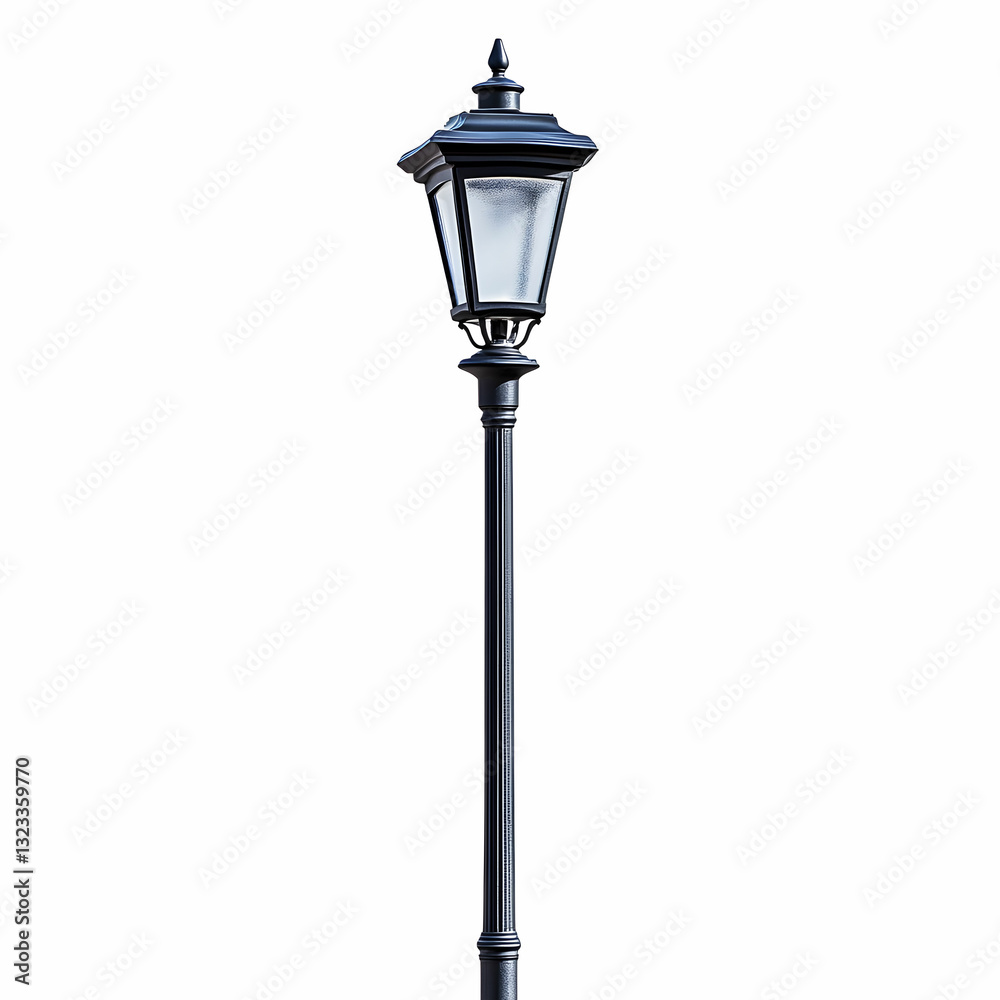 A tall, elegant black streetlamp with a classic design, standing proudly against a clean white background A tall, elegant black streetlamp with a classic design, standing proudly against a clean white background