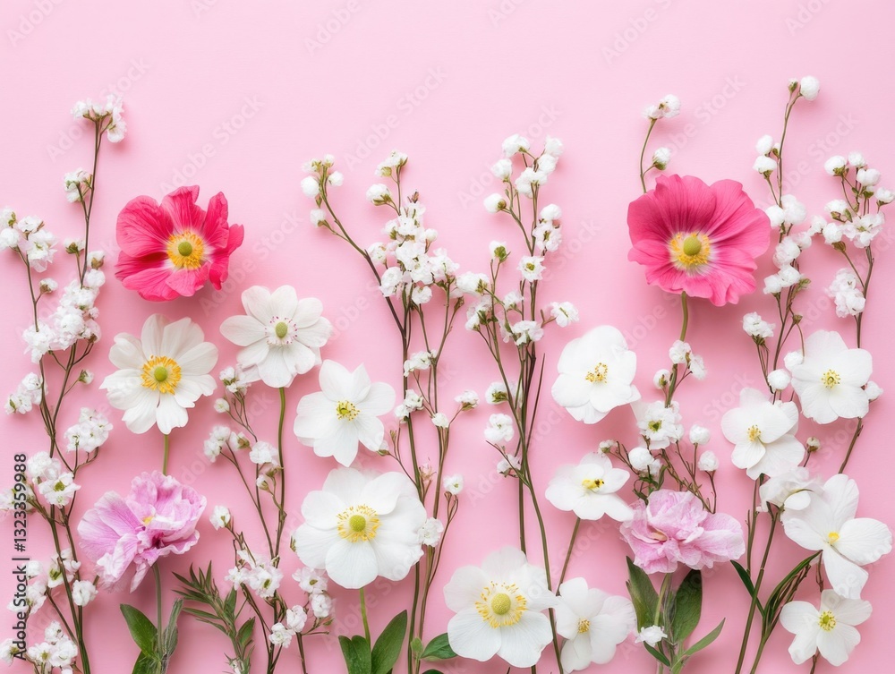 Fototapeta premium A bouquet of white and pink flowers on a pink background