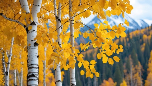 Vibrant autumn foliage of golden aspen leaves against a backdrop of majestic snowy mountains and clear blue sky highlighting warm yellow hues